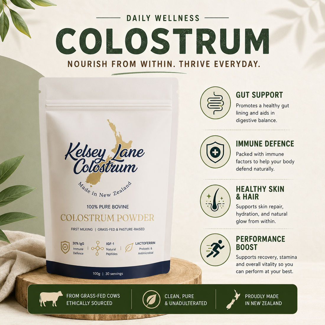 Kelsey Lane Premium Bovine Colostrum | 100% Grass-Fed First Milking Colostrum Powder