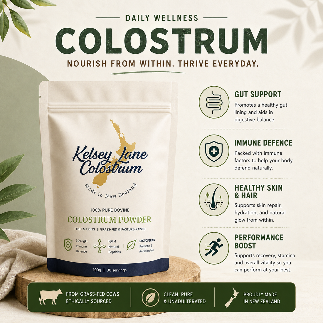Kelsey Lane Premium Bovine Colostrum | 100% Grass-Fed First Milking Colostrum Powder